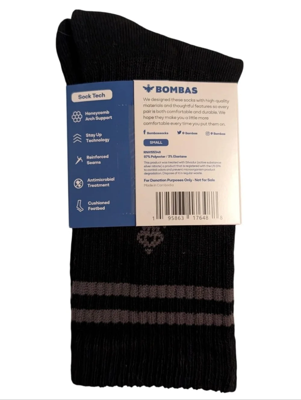 Bombas Black Cushioned One Pair Crew Socks Arch Support Antimicrobial Small NWT